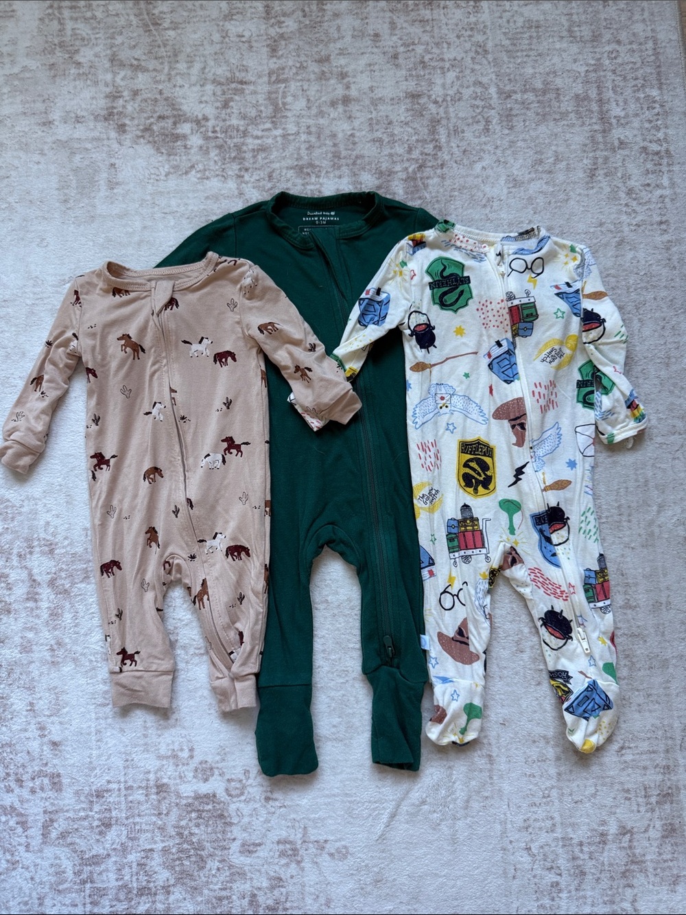 3pieces Multiples Kids Footed One-Piece Set - Forest Green, Beige, White Printed